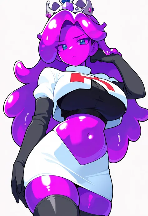 masterpiece, best quality, 1girl, solo, looking at viewer, queenslime, long hair, crown, colored skin, slime girl, large breasts, curvy, purple hair, team rocket,team rocket uniform,white skirt,red letter R,crop top,black thigh-highs,black elbow gloves, co...