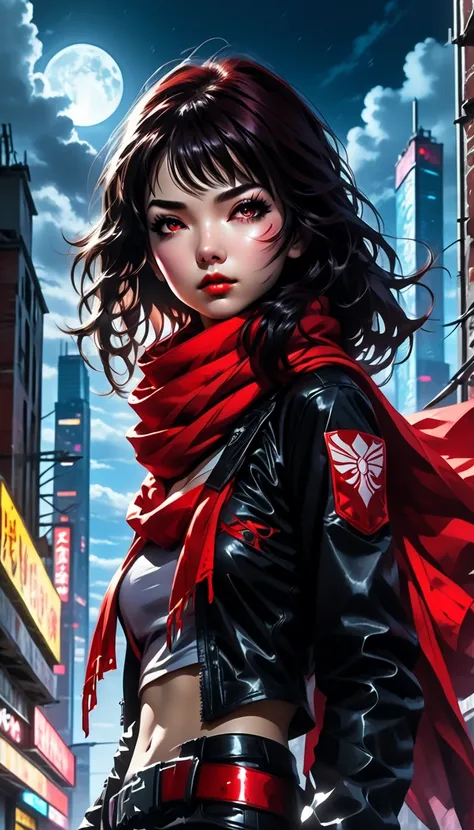  At the top of an abandoned building ,  a The agile and deadly assassin observes her target from a distance .  Her costume is a tight tactical uniform , Black and red,  designed for maximum mobility ,  with light plates protecting strategic areas .  Her lo...