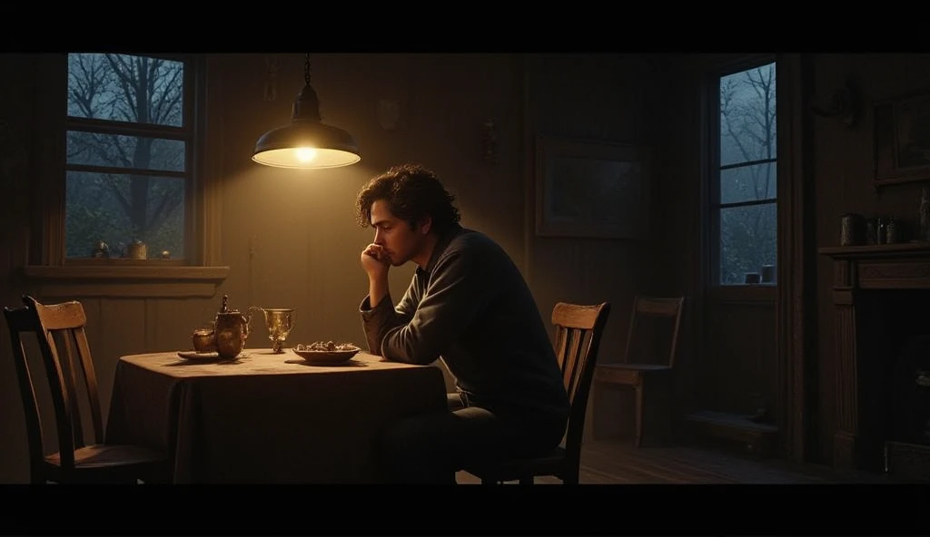 style stories from old tales:"A retro vintage scene in a very simple house. The interior is lit only by a warm bulb, creating a dramatic contrast between the shadows and the rustic details of the house. A 25-year-old man, dark hair and disorganized, he is ...