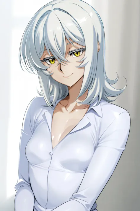 1 girl, yellow eyes, white hair, hair between eyes, grey eyelashes, grey eyebows, white dress shirt, jean, small breasts, thick thights, mature female, smile, tall, shiny skin, medium hair, looking at viewer, innovators (gundam 00)