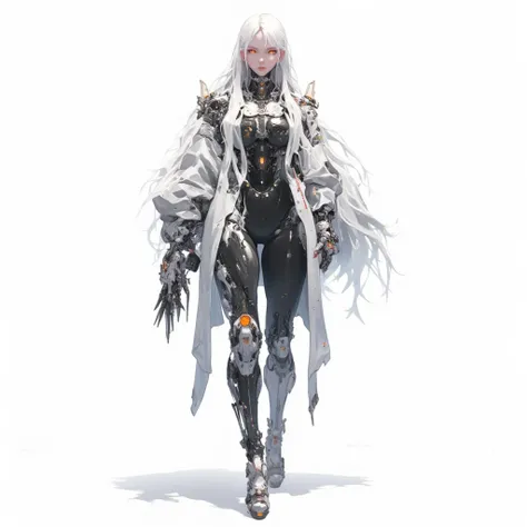 AI woman with cybernetic body black mechanics and gray plastic parts, very tall, with thick thighs, wide hips, long legs, high heel, and a slender waist. Dark red glowing eyes, long flowing white hair. Alluring, looking directly at the camera. Giant ultraf...