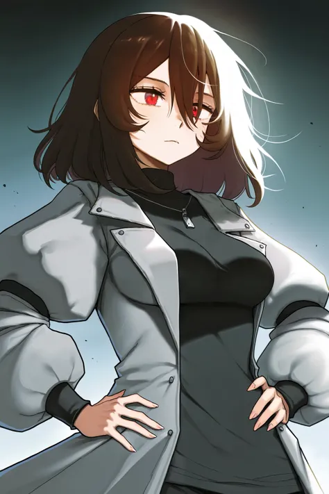 1 girl, Brown hair, hand on own hips, five fingers, red eyes, black shirt, puffy sleeves, grey coat, medium hair, tall, black chocker, jean, medium breasts, karasu raven style