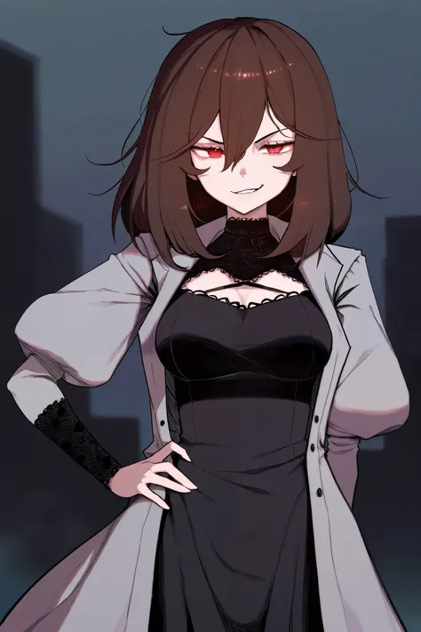 1 girl, Brown hair, hand on own hips, red eyes, black dress, puffy sleeves, grey coat, medium hair, smirk, tall, black chocker, jean, hands behind back, medium breasts, karasu raven style