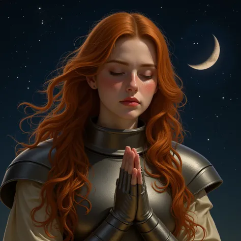 A stunning ginger woman, her eyes closed in prayer, kneels in shining knight's armor under a starry sky with a half moon. The detailed freckles on her face display a serene intensity, her hair cascading in fiery waves. This arresting image appears to be a ...