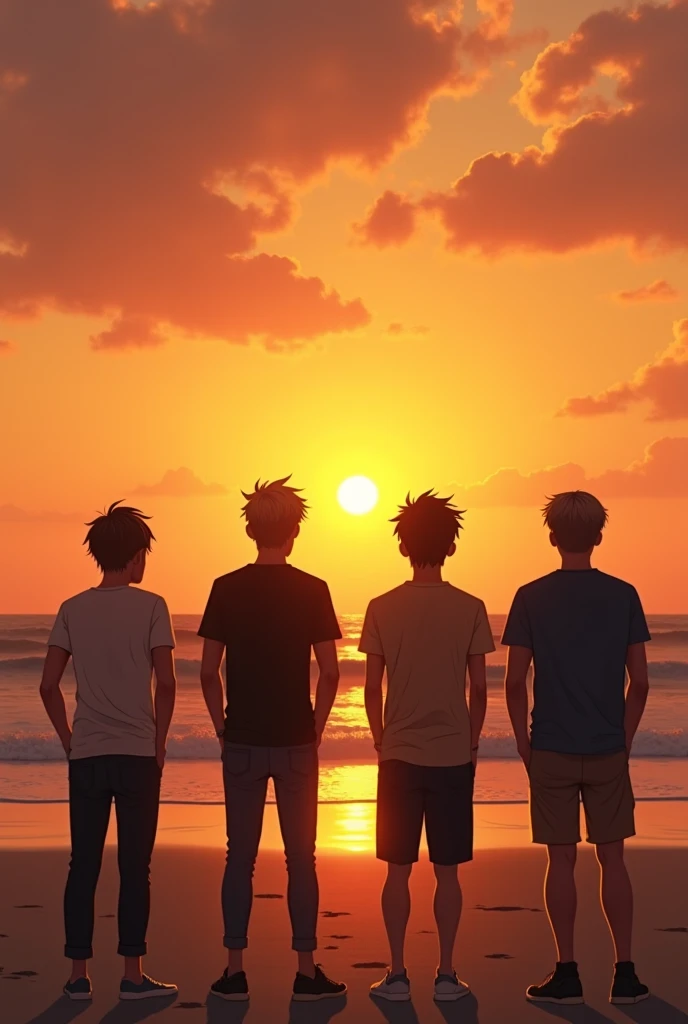 4 college guys looking at the sunset in the beach. Make it sad and nostalgic. Put a title "Sunsets of Our Youths"