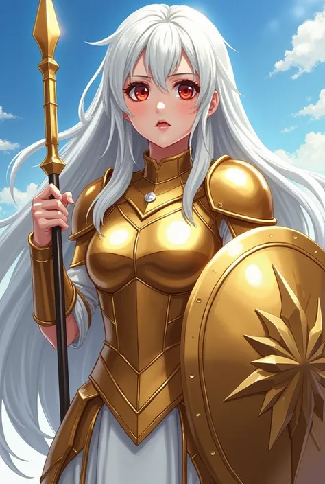  Creates the oil image ,  in the fanart anime style with the following characteristics :
 An 18-year-old woman ,  with long hair down to below the waist in the color white , white white skin ,  with slightly flushed cheeks ,  naturally reddish lips ,  red ...