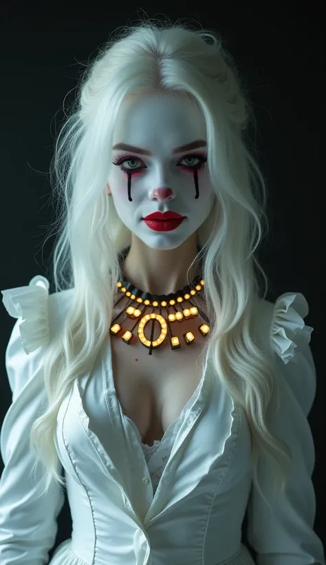 
Complete image of a mysterious clown with an elegant face, completely serious and mysterious white hair, long and slightly wavy, combed in a more elegant way, somewhat messy and polished if left loose, or elegantly arranged if tied up. Your hair does not ...