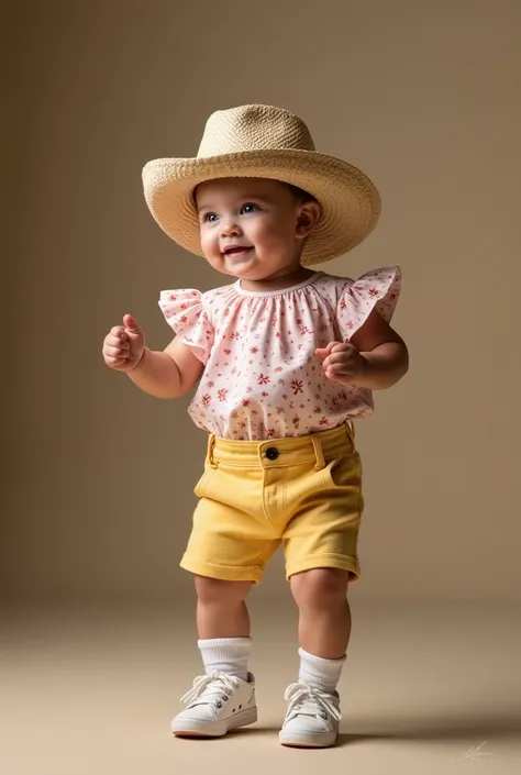 21 a 30 - Danças com Conjuntos Fofos
A baby standing up, with a set of jeans and straw hat planter, dancing in a barn full of hay .
 A baby in a flowery pink and white dress, swirling in a garden full of butterflies .
 A baby in a bright yellow jumpsuit...