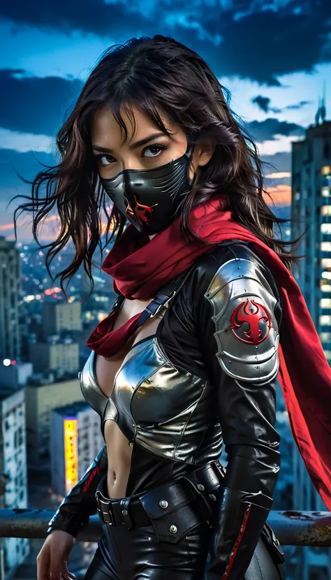  At the top of an abandoned building ,  a The agile and deadly assassin observes her target from a distance .  Her costume is a tight tactical uniform , Black and red,  designed for maximum mobility ,  with light plates protecting strategic areas .  Her lo...