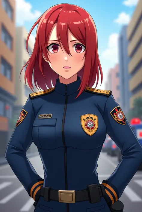 Animated image of a red-haired female character with freckles and medium and SMOOTH hair female police officer From the Cerara Military Police 