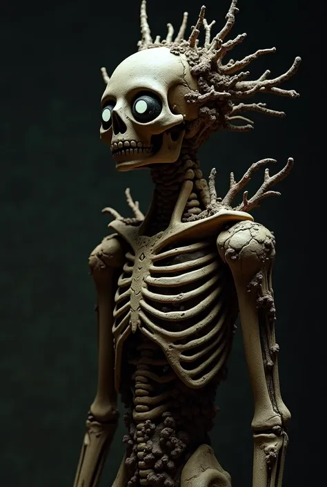 A close-up portrait of a reanimated , an ancient spirit, standing motionless in the shadows of a dimly lit space. Its skin is drawn tight against the bones, almost like parchment, revealing the stark outline of the skeleton beneath. The skin, in earthy ton...