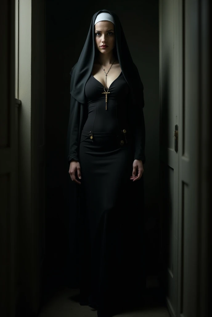 A beautiful girl in a sexy black nun outfit looked into the room.