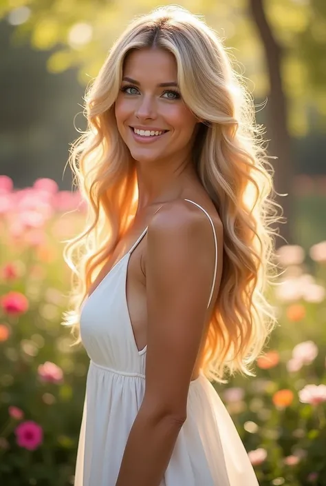 Create a photorealistic image of an attractive blonde woman in her late 20s. She has long, wavy golden blonde hair that cascades down her shoulders, striking blue eyes, and a warm, radiant smile. Her skin is smooth and glowing with a natural tan. She is we...