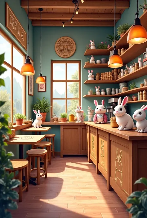 Create the interior of a coffee shop that is full of rabbit decor 