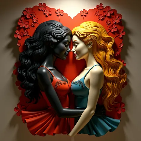 A vibrant , 3D wall sculpture features interracial women ( black and blond , smiling , lovers, loving facial expressions, convincing caress ) intertwined legs amid a lit backdrop , unity and diversity . Dynamic, unfocused composition, figures elegantly eme...