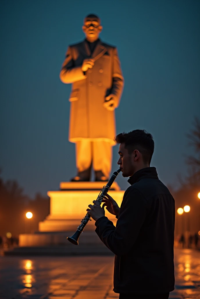 Impressive statue of Ataturk illuminated with lights in front of a young man playing clarinet