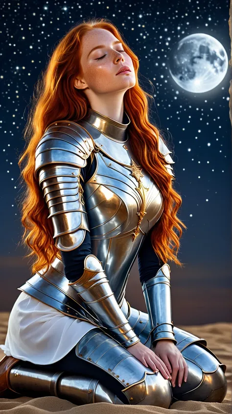 Super high quality,A stunning ginger woman, her eyes closed in prayer, kneels in shining knight's armor under a starry sky with a half moon. The detailed freckles on her face display a serene intensity, her hair cascading in fiery waves. This arresting ima...