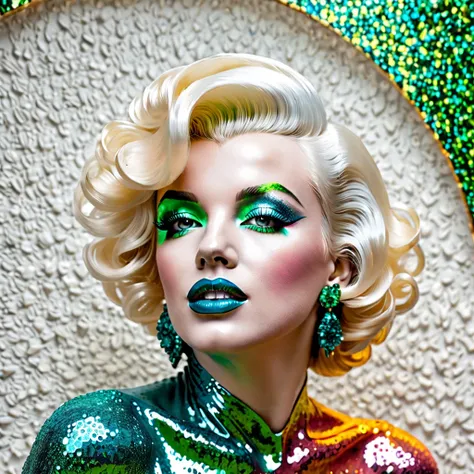 Marilyn Monroe Vikin Punk's face with realistic 3d makeup 4k glitter portrait surrealist artistic bust of Marilyn Monroe with bright vibrant colors,  half crystal glass blue eye , half fire green eye , Background ceiling wall white living room Marilyn Monr...