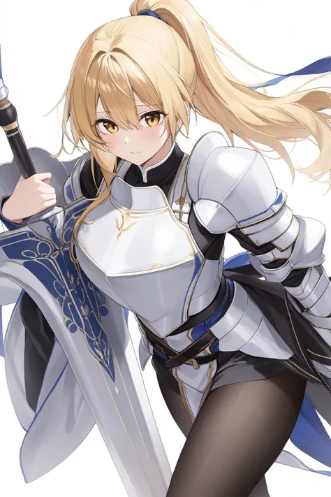 Oversized Armor 、 Women Wearing Blue, White, and Black Clothes 、Clergy、 blonde hair、 ponytail、Golden Eyes、 black pantyhose、 Japanese Animation 、White background、 standing picture