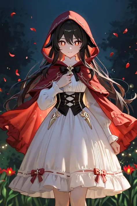 HU Tao from genshin impact with a mysterious appearance dominates the scene, dressed in an elaborate red hooded cape reminiscent of Little Red Riding Hood, while her black hair waves in the wind and her intense fiery red eyes seem to radiate supernatural e...