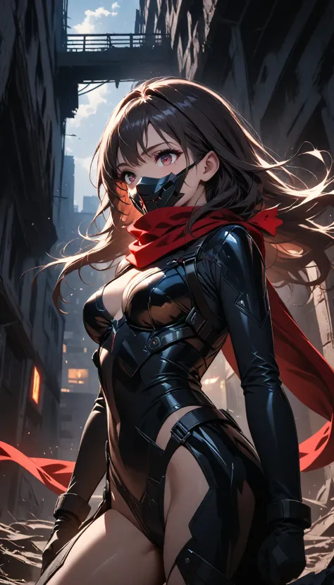  At the top of an abandoned building ,  a The agile and deadly assassin observes her target from a distance .  Her costume is a tight tactical uniform , Black and red,  designed for maximum mobility ,  with light plates protecting strategic areas .  Her lo...