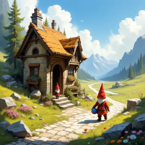 "A detailed fantasy illustration showing two small gnome-like or like characters. One is stepping out of a cozy wooden and stone cabin with a thatched roof, while the other arrives with a ball under their arm. The stone path is surrounded by colorful flowe...