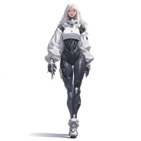 AI woman with cybernetic body black mechanics and darkgray plastic parts, very tall, with thick thighs, wide hips, long legs, high heel, and a slender waist. Dark red glowing eyes, medium length flowing white hair. Alluring, looking directly at the camera....