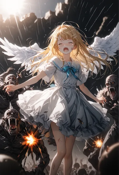 
whole bodyが見える, she's seriously injured  , Frightened face、She always has a distressed expression on her face、Frightened face、A fight between a girl and a monster , A fierce battle between a girl and a monster , a monster catches her and lifts her , monst...