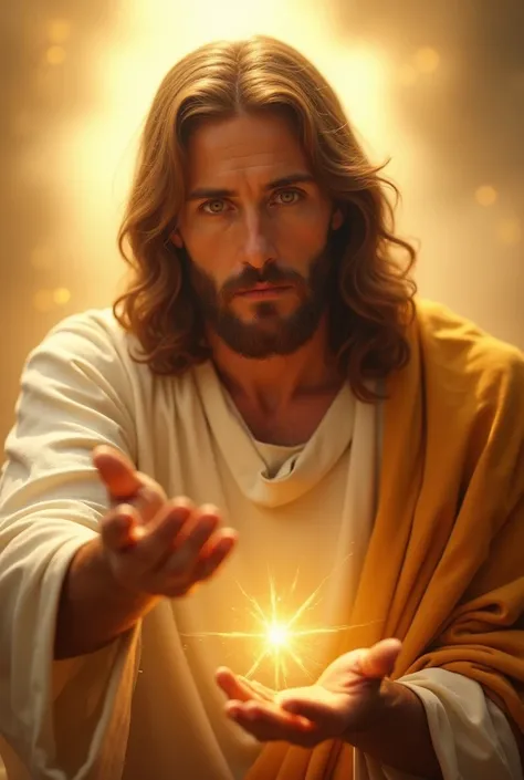 "Jesus Christ is in a heavenly setting, surrounded by a soft golden light that radiates peace and divinity. He looks directly at the camera, his eyes overflowing with companionship, love and profound knowledge, as if he were speaking directly to those he i...