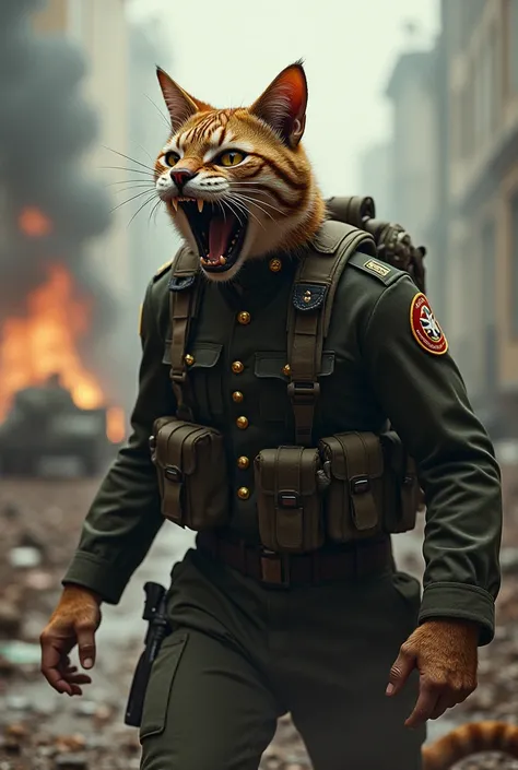 Human cat in military uniform at war. He's screaming at a war in the United States of America 