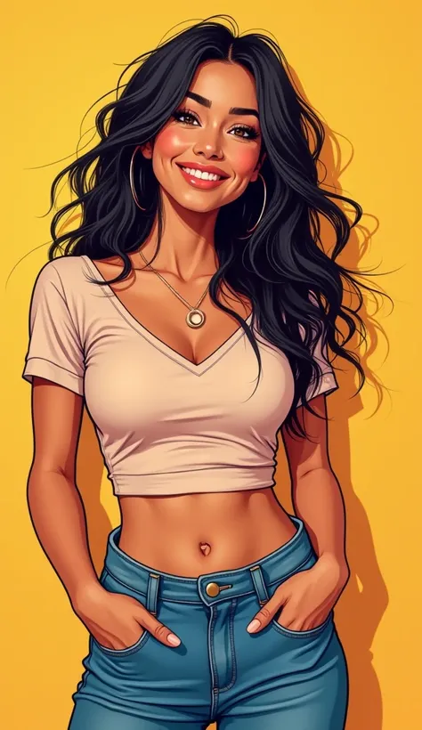 DISCREET image. with discreet casual clothes. image adult woman, american, comic book style. with a smile . IMAGES WITH VIBRANT COLORS. 