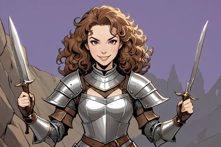 attractive woman, with fair skin,  curly hair, brown color,  medium length , With a sarcastic smile, Look who is good at bluffs, medieval armor, Purple golden around,  holding daggers in each hand.