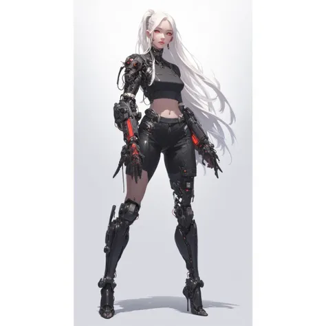 AI woman with cybernetic body black mechanics and darkgray plastic parts, croptop, very tall, with thick thighs, wide hips, long legs, high heel, and a slender waist. Dark red glowing eyes, long flowing white hair In a high ponytail . Alluring, looking dir...