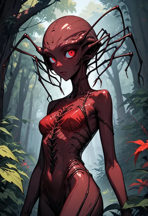 solo, female, cowboy shot, close up, plant-based alien, dark red skin, extremely thin, stickbug-woman, thin antennae, multiple eyes, beautiful, forest, cottage, outdoors, 