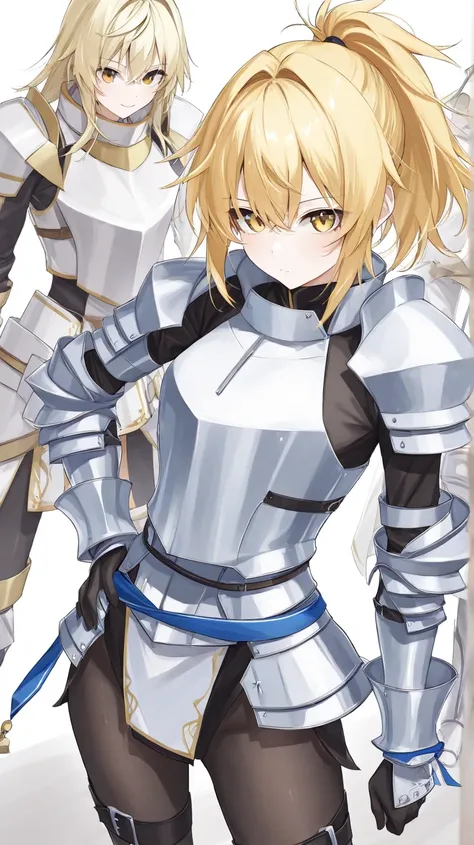 Oversized Armor 、 Women Wearing Blue, White, and Black Clothes 、Clergy、 blonde hair、 ponytail、golden eyes with highlights、 black pantyhose、 Japanese Animation 、White background、 standing picture、alone