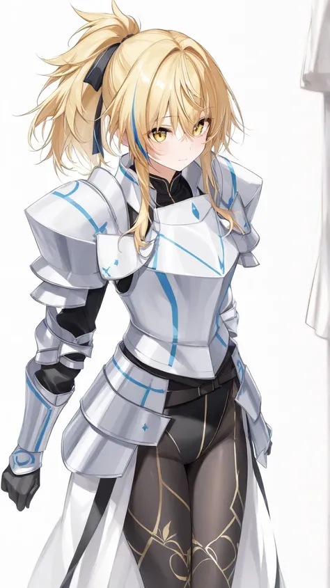 Oversized Armor 、 Women Wearing Blue, White, and Black Clothes 、Clergy、 blonde hair、 ponytail、golden eyes with highlights、 black pantyhose、 Japanese Animation 、White background、 standing picture、alone