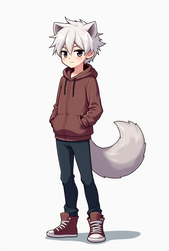  Create a full body design of a 17-year-old boy in anime style,  He is an introvert , not too high, half human half snow ferret ,  he has a large white ferret tail and slightly larger than average white hair and black eyes.