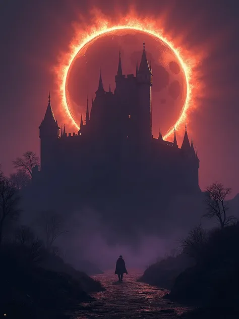 An ancient castle set against a Solar Eclipse Silhouette, creating a striking contrast between darkness and light. Use deep violet and fiery gold to enhance the dramatic atmosphere.