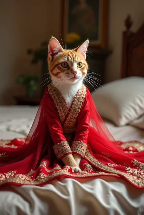 Female cat Pakistani marige dress Jo red colour ka ho us main female cat apny room main bed pr baithi ho 