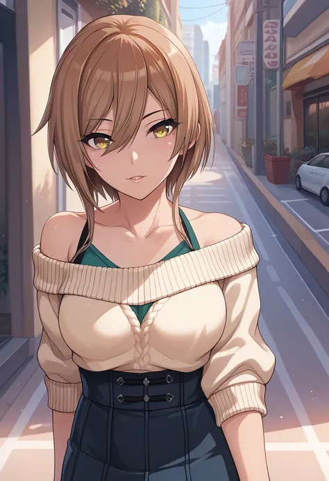 Shirase Sakuya,short hair, brown hair,  hair between eyes, yellow eyes, large breasts, from side, pov, casual, collarbone, high-waist skirt, sweater, bare shoulder, black skirt, street, 