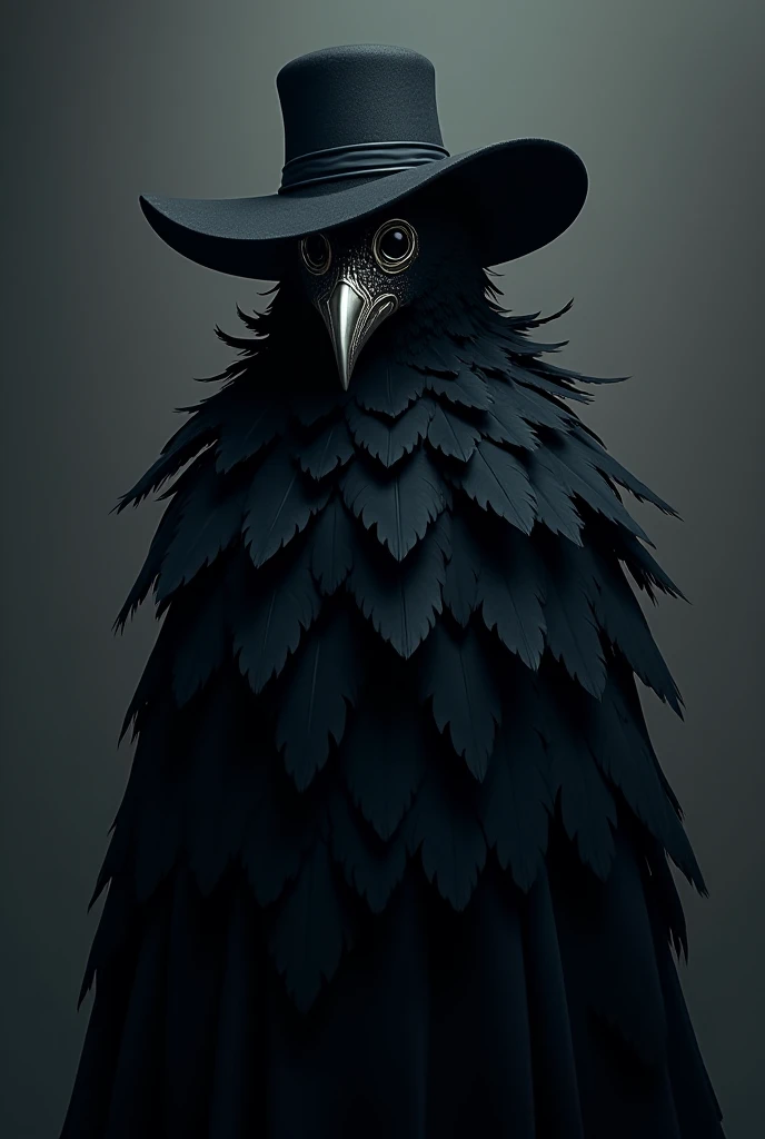 pokemon crow with a hat of black feathers and a cloak of black feathers and a plague doctor mask