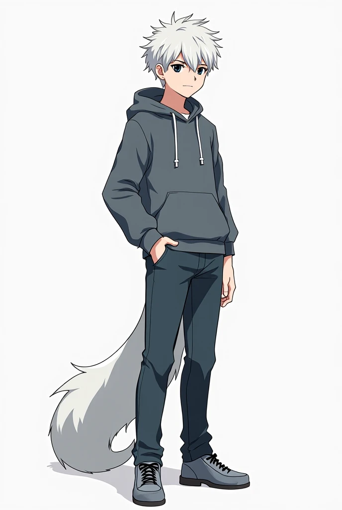 Create a full body design of a 17-year-old boy in anime style,  He is an introvert , not too high, half human half snow ferret ,  he has a large white ferret tail and slightly larger than average white hair and black eyes.