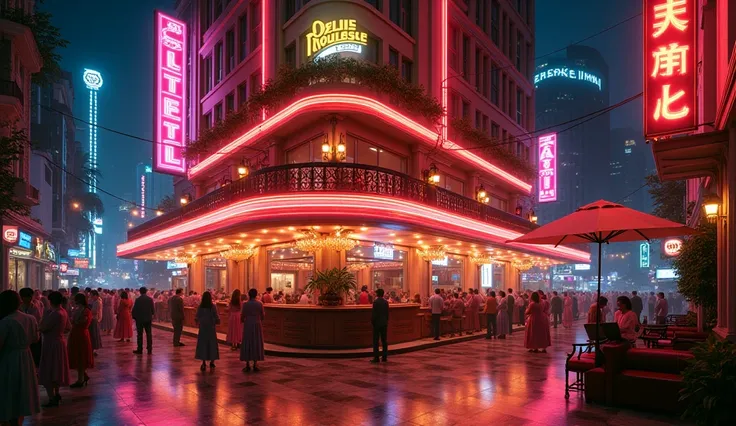 Generate a 4-star hotel in downtown Bangkok in the 1970s. A colorful nightlife atmosphere, Hyper realistic, intricate details, high resolution.         