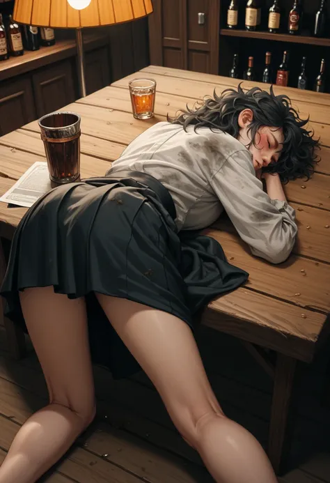 score_9, score_8_up, score_7_up, score_6_up, score_5_up, score_4_up, source_anime, solo focus, 1girl, eyes closed, blushing, vomit, passed out, (fall asleep), asleep leaning against the table, top-down bottom-up, legs spread, ((bar table)), closet, disheve...