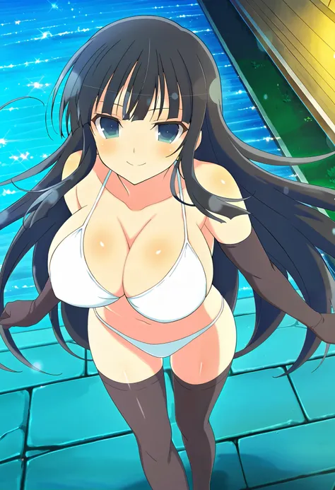 masterpiece, best quality, anime art style, Official Art, perfect eyes, detailed eyes, perfect face, perfect hair, detailed hair, shiny hair, beautiful character design, 1 girl, alone, Ikaruga (Senran Kagura), black hair, hime cut, blue eyes, breast, large...