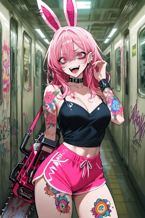 A beautiful, insane, and mischievous girl wearing colorful provocative clothes with neon pink shorts. She also wears a creepy bunny mask, has tattoos, piercings, and carries a chainsaw. She is in an abandoned subway station, dirty and completely covered in...