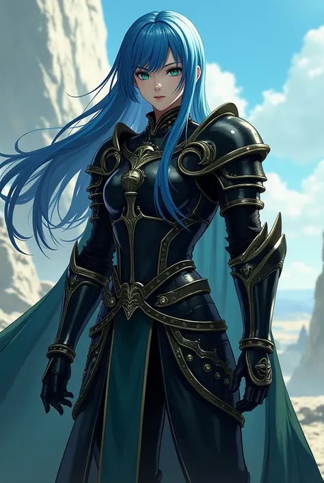 Medieval knight with waist-length blue hair ,  black armor , dark skin with green eyes, anime