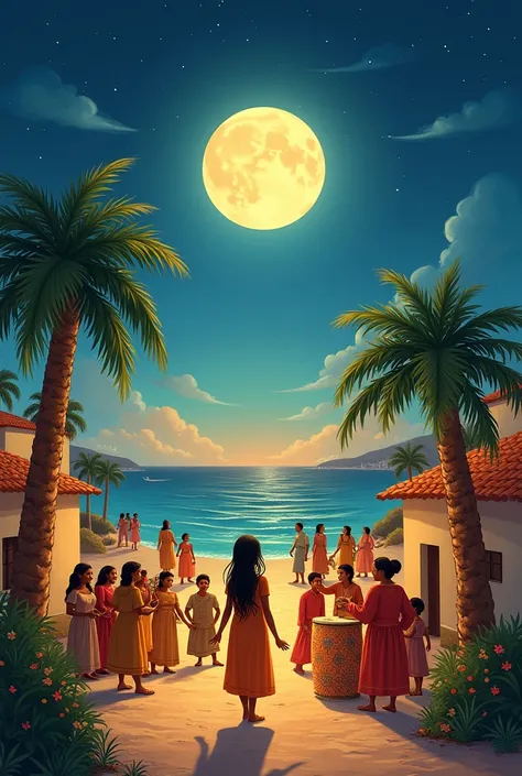 I need you to make these illustrations for me in drawings, as for a story in a book.: 1. Illustration 1:  A coastal landscape at sunset with palm trees and the calm sea ,  showing Amina looking toward the horizon with a dreamy expression .

2. Illustration...