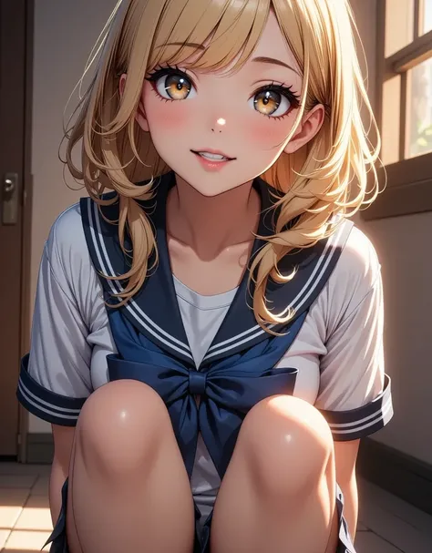  beautiful high school girl sitting, stage, Magic hour lighting , Looking up with a smile,  sailor suit,  detailed face,  vibrant colors,  beautiful detailed eyes,  lips with beautiful details,  highly detailed eyes and face, long eyelashes,   Detailed Hai...