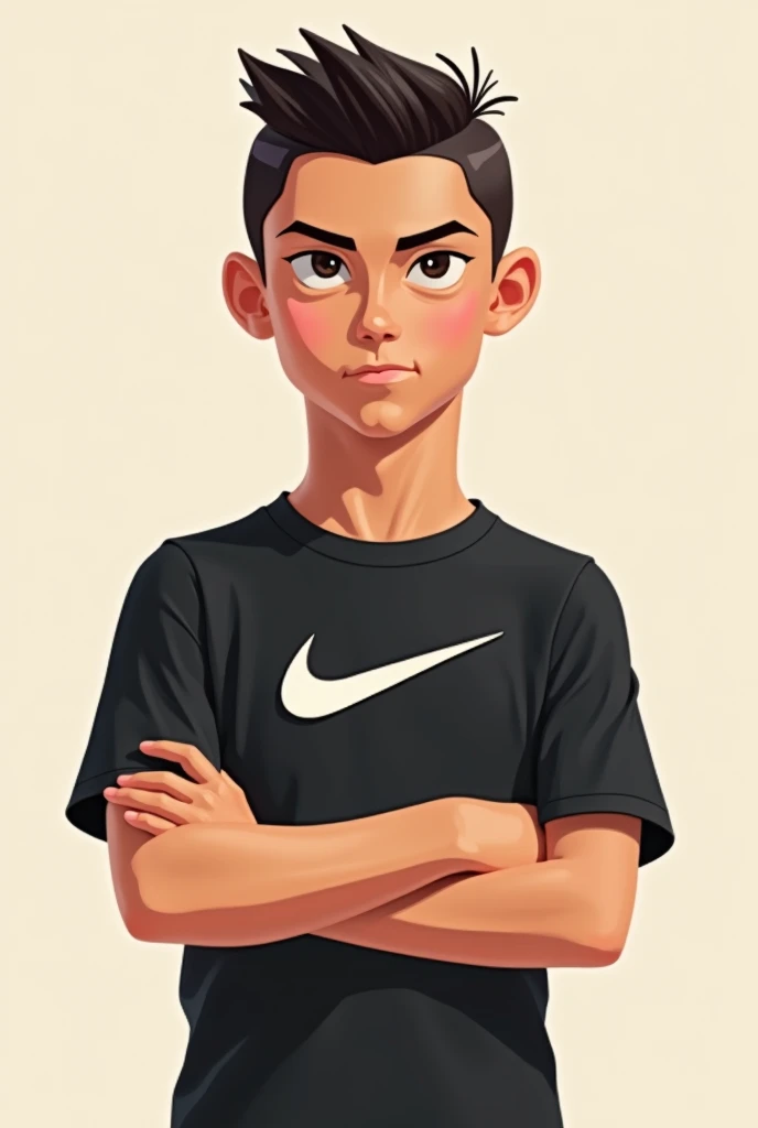 Generate a profile picture of a boy wearing a black t-shirt with the Nike logo on his heart, arms crossed, a thumb with Cristiano Ronaldo's hairstyle, 2d style.